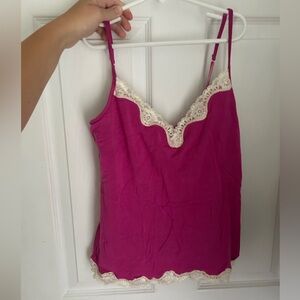 Thrift find❤️ pink tank top with white lace. Would look so cute cropped:)